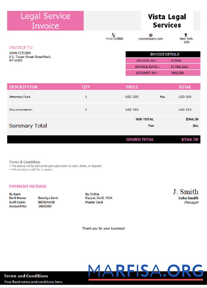 Blank USA Vista Legal Services invoice example